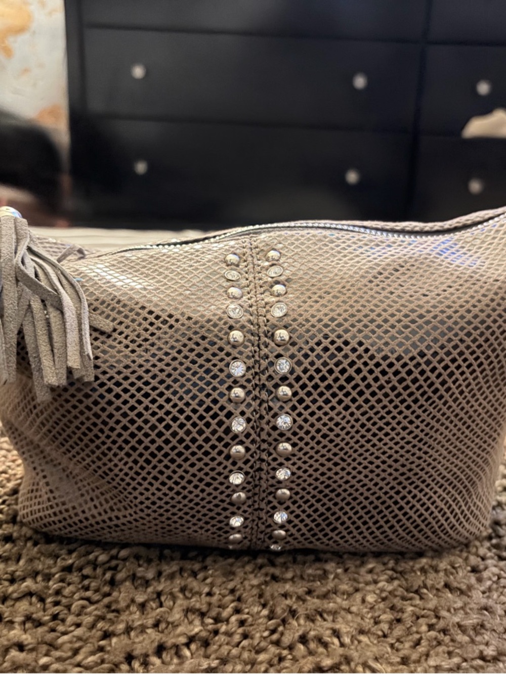 Studded Taupe Snake-Texture Women's Clutch with Tassel